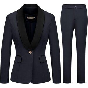 🆕Women's Black 2 Piece Business Suit Set One Button Solid Blazer Trouser Suit